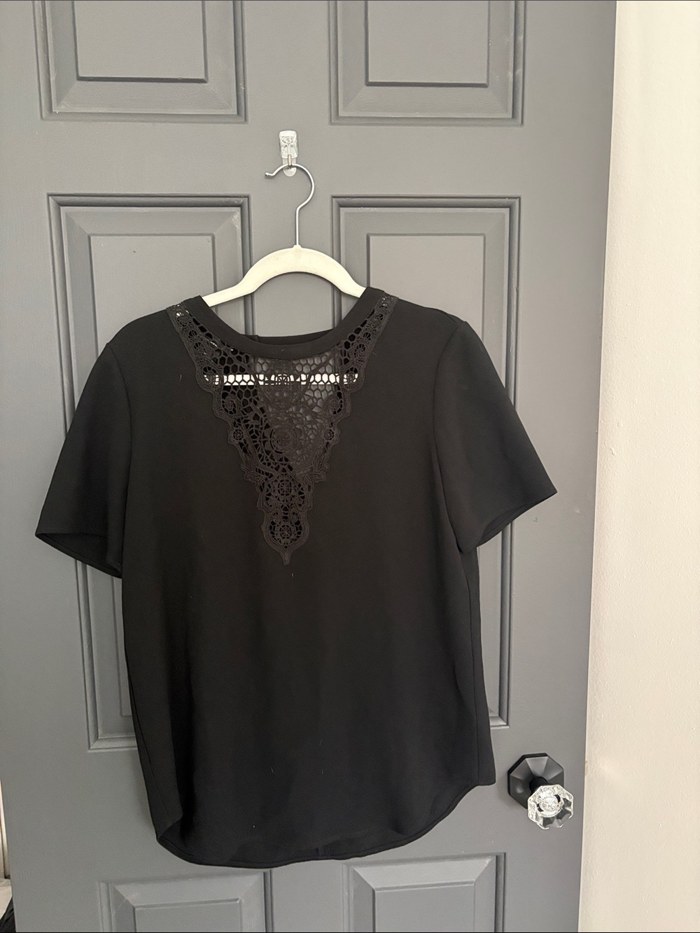 Club Monaco Black Crochet-Inset Short Sleeve Blouse